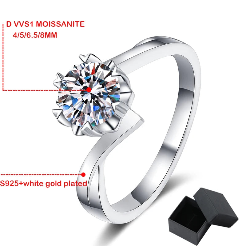 Moissanite Round Solitaire Snowflake Engagement Ring, 18k White Gold Plated, 0.3 to 2 Carat