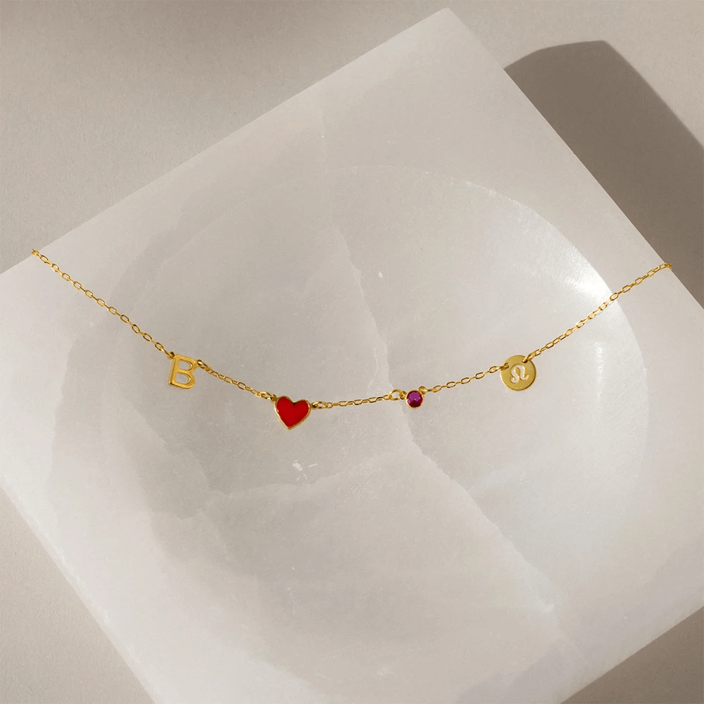 Custom Initial Heart Necklace with Birthstone and Zodiac Sign
