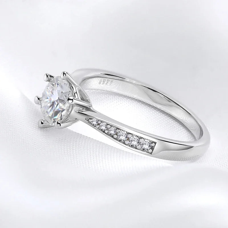 Moissanite Solitaire Round Cut Six-Prong Accented Engagement Ring, 0.5 to 3 Carat