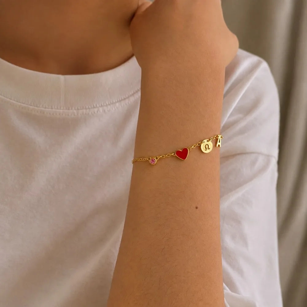 Custom Initial Heart Bracelet with Birthstone and Zodiac Sign