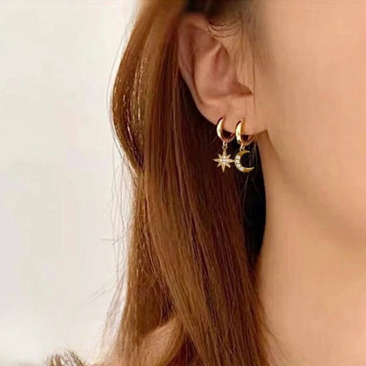 Star & Moon Drop Huggie Hoop Earrings