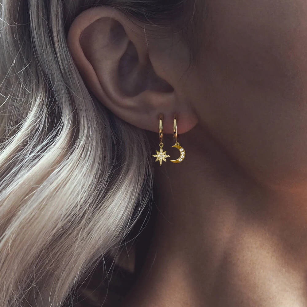 Star & Moon Drop Huggie Hoop Earrings