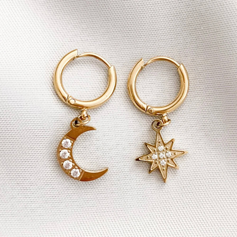 Star & Moon Drop Huggie Hoop Earrings